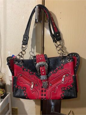 Red and Black Embossed Western-Style Shoulder Bag